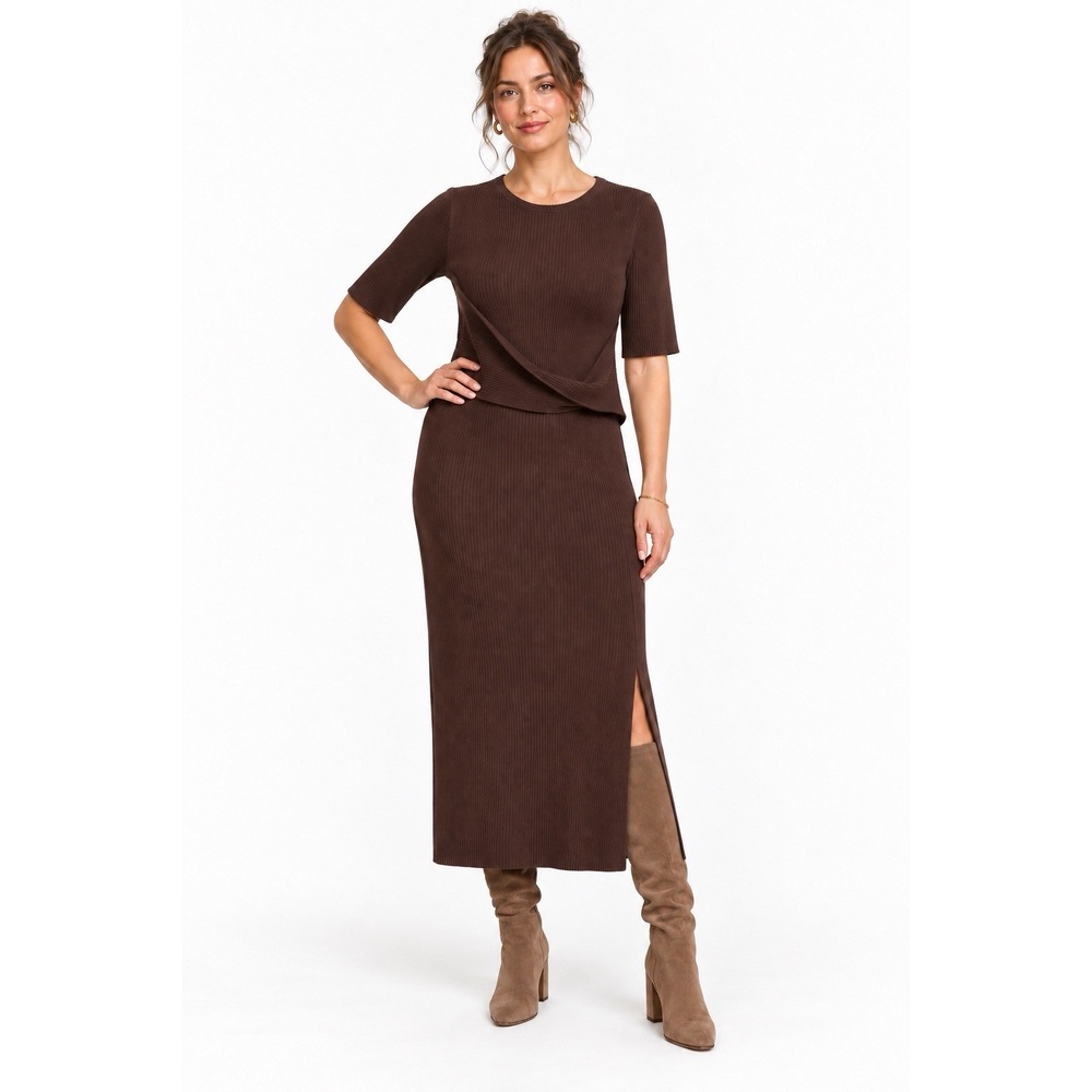 Calvin Klein XL Chocolate Brown Ribbed Knit Midi Sweater Dress Short Sleeve Slit